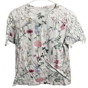 Women's Floral Print Top XS White Crochet Lace Short Sleeve Blouse